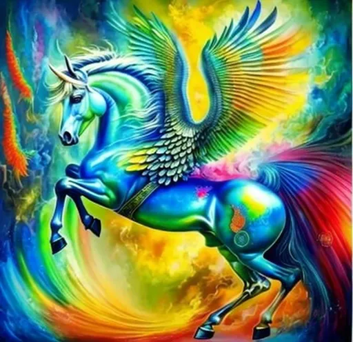 Prompt: mythical vibrant colourful Pegasus, two colourful wings, four legs, A medium-sized male quadruped, in his late adolescence, is depicted in this artwork, showcasing an extraordinary level of detail. The painting, executed in fine oil, is a true masterpiece, with meticulously crafted elements throughout. The background is intricately rendered, providing a rich and immersive setting. The character itself is portrayed in ultra-high definition (UHD), allowing for an unparalleled level of visual clarity and detail.

The quadruped possesses wind powers, which are visually represented by his voluminous billowing fur, resplendent in shades of white-gold. The fur is adorned with glistening gold hairs and speckled with sapphire crystals, adding a touch of enchantment to his appearance. His long, sky-blue ears stand out prominently, complementing his vivid magenta-pink eyes that exude confidence and boldness.

Every aspect of his face, including the eyes and fur, is rendered with astonishing detail, capturing the intricacies and textures with precision. He embodies the essence of a majestic wolf prince, exhibiting a playful demeanour reminiscent of a fox and an energetic spirit akin to a deer.

The character is depicted in a fantasy garden, bravely standing against a violent windstorm. His beautiful long hair and fur flutter and rustle in the gale, emanating magical colours that add to the ethereal atmosphere. A halo of auroras surrounds him, casting a radiant glow, while a tilted halo above accentuates his regal presence.

The scene unfolds atop a breathtakingly tall mountain peak, where the pink twilight sky sets the stage for this captivating portrayal.
