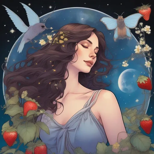 Prompt: A beautiful and colourful picture of Persephone with brunette hair and with an American Moon Moth, forget-me-not flowers, a chickadee bird, and strawberry plants surrounding her, framed by the moon and constellations in a marvel comics style