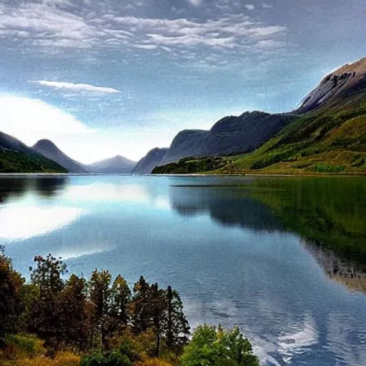 Prompt: A landscape of a lake with mountains. Like a Norwegian fjord. Make the colour bright and with colours outside of normal colour palette 