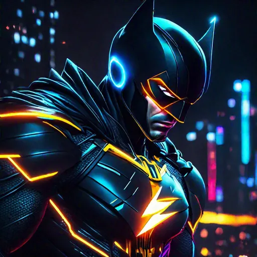 Prompt: Close-up shot of Flash cyberpunked as superhero with suit in Gotham city, 8k, HD, night theme, neon color