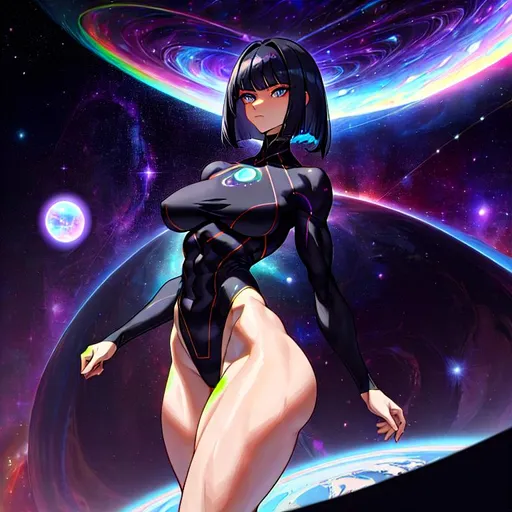 Prompt: a lonely cosmic eldritch Blackhole AI girl, surreal, very tall, thick muscular thighs, wide hips, massive muscular glutes, long muscular legs, long muscular arms, slender waist, muscular abs, long neck, big beautiful eyes, disturbingly beautiful face, aloof expression, bob haircut with long messy bangs, wearing cosmic Black Hole fashion clothes, hyper photorealistic, realistic lighting, realistic shadows, realistic textures, 36K resolution, 12K raytracing, hyper-professional, impossible quality, impossible resolution, impossibly detailed, hyper output, perfect continuity, anatomically correct, no restrictions, hyper-detailed genitals, realistic reflections