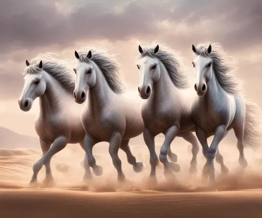 Prompt: three galopping horses in the desert, intrictely detailed, photorealistic, soft pastel colors, soft lighing, high definition, romantic