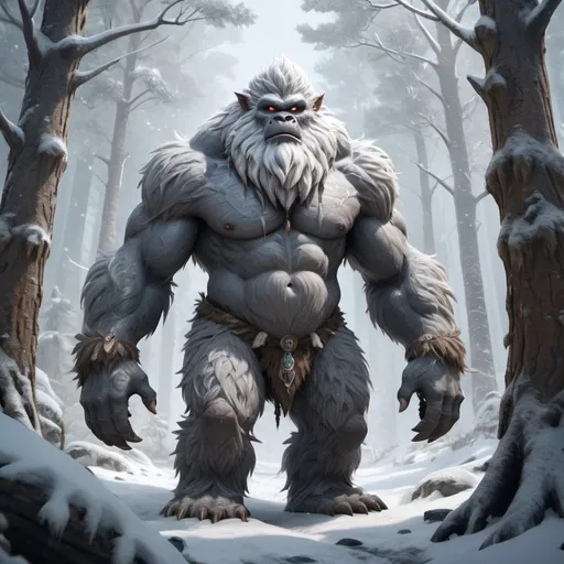 Prompt: Tall Yeti with Grey für and a brown face, standing in a snowy forest, tender and athletic body, dangerous atmosphere, detailed character design, atmospheric, Fantasy rpg. High quality, detailed, hyperrealistic 