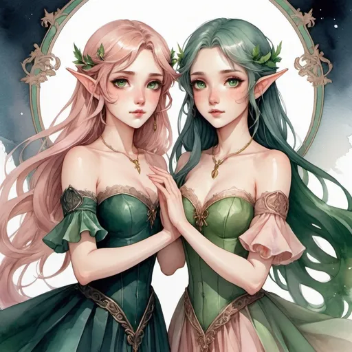 Prompt: Two soft feminine elf women standing side by side, with the main focus on their faces and eyes. One character has dark green hair and light green eyes, while the other has light pink hair and soft amber eyes. She is in a serene pose, with anatomically correct fingers. The characters wear dark, elegant gowns with soft, flowing fabric. The background should be abstract with swirling dark and soft colors that complement the characters, enhancing the ethereal, dreamy atmosphere. It should be a fantasy watercolor illustration with manga and anime influences. It combines the delicate, ethereal quality of watercolor painting with the detailed character design and expressive features typical of manga and anime. The style emphasizes soft, flowing lines, muted colors, and intricate detailing, particularly in the characters' facial expressions and clothing. 2560X1440