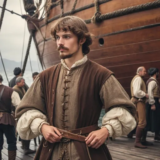 Prompt: Young medieval Flemish nobleman with chestnut brown hair, tight beard and moustache in the early 1500s walking a ship dock to shore in Madeira