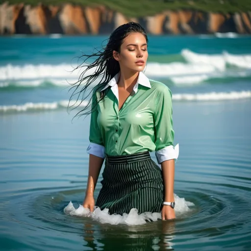 Prompt: photo of young woman, soaking wet clothes, black high heels, black pinstripe skirt, unbuttoned green shirt with white collar and cuffs,  , relaxing in the sea,   enjoying, water dripping from clothes, clothes stuck to body,  detailed textures of the wet fabric, wet face, wet plastered hair,  wet, drenched, professional, high-quality details, full body view , wet hair