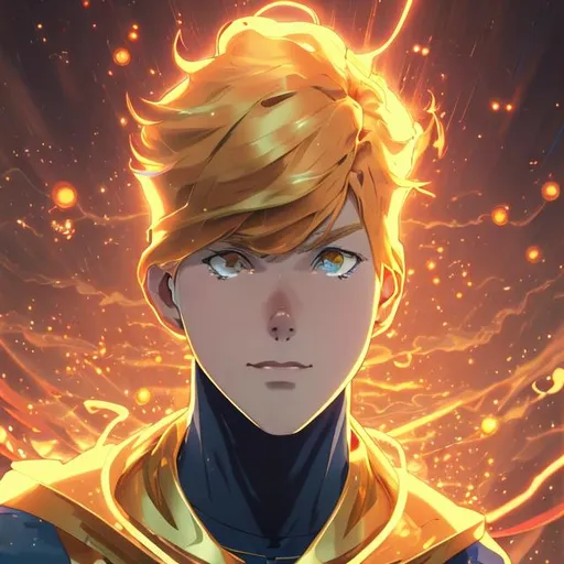 Prompt:  teenage Booster Gold in anime style, surrounded in a brilliant golden aura, smooth, perfect, head and shoulders portrait, 8k resolution concept art by Makoto Shinkai , Artgerm, WLOP dynamic lighting hyperdetailed intricately detailed, triadic colors Unreal Engine 5 volumetric lighting, Studio Ghibli, Anime Key Visual, Deep Color, Beautiful Composition