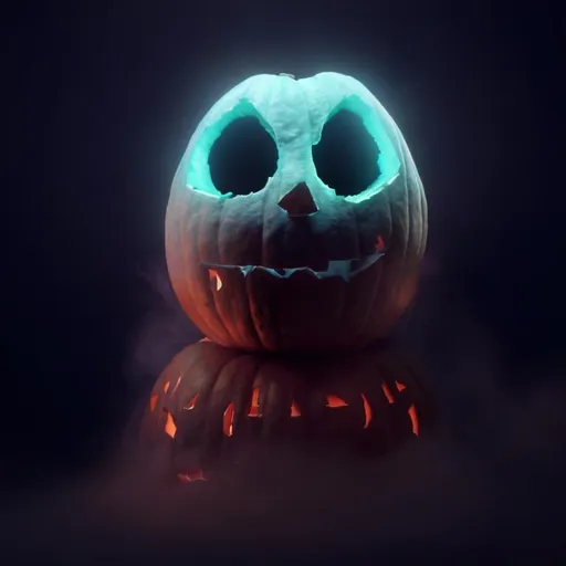 Prompt: high detail digital painting of a carved pumpkin glowing cyan in a misty swamp from far away. glowing smoke is rising from the pumpkin's face. hyperrealistic