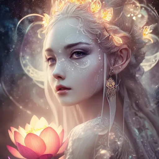 Prompt: fantasy, magical, white, lotus flower, kimono, ultra detailed artistic photography, light hair, midnight aura, full-body, night sky, detailed gorgeous face, dreamy, glowing, glamour, glimmer, shadows, smooth, ultra high definition