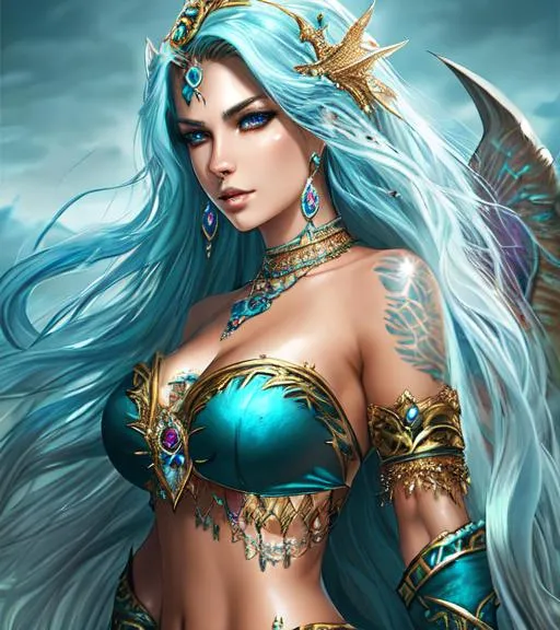 Prompt: Beautiful siren woman with long hair and piercing eyes sharp teeth and jewelry, tan skin, in water HD quality, royal vibe, highly detailed, digital painting, battlefield ethereal.