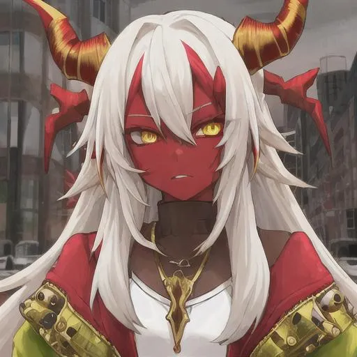 Prompt: girl, red skin, white hair, yellow eyes, edgy, horns, green jacket, gold necklace