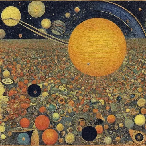 Prompt: Hyperdetailed, intricate, complex, psychodelic, colourful, painting of Saturn designed by Escher and Brueghel, drawn by Bosch and coloured by Odilon Redon and van Gogh. 