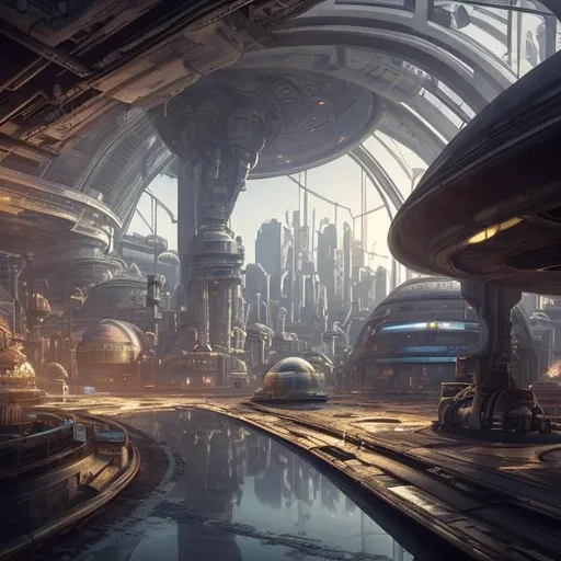 Prompt: futuristic domed city, interior, dilapidated shipping and receiving port, spaceships, art nouveau, realistic details, photorealistic, 8k render, cinematic lighting, ultra detailed