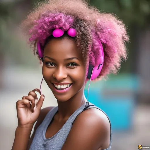 Prompt: Please create a professionally taken photograph (portrait), best quality, (8k, RAW photo, best quality, masterpiece:1.2), (realistic, photo-realistic:1.4), ultra-detailed, perfect detail, lady, African (black race), wearing large pink earphones, long curly hair, smiling, facing the viewer, smiling with white teeth.
