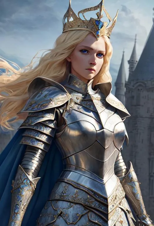Prompt: Gorgeous women as a knight, detailed face, wearing fancy armor, blonde, blue eyes, wear crown, wear cape, standing, handling a sword into sky with right hand, full body, mythical, elegant, hyperrealism, highly detailed, intricate detailed,dynamic lighting, 4K, HD.