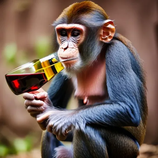 Prompt: Monkey drinking wine bottle