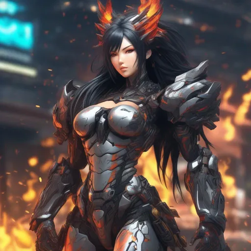 Prompt: highly detailed Full Body View 4k UHD Cell Shade anime style micro detail in body and arms with legs and hands refined tone Primordial Mature Goddess, in Mecha Girl  outfit armor her body with a muscular tone of arms and legs and stomach abs six pack. Showing Nordic tattoos long black as a raven hair and burning eyes, as the sun fired up color flames bursting out, Queen of Kings. Standing tall and strong holding a sphere of flames, black and gold color pallet with bright pink. while having her eyes perfect fit to her face with a smirk grinning at all these rumors everyday, looking cold as ice but bright as a sun expression.