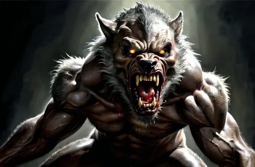 Prompt: Dark fantasy illustration of a horror evil fearsome werewolf, towering posture, realistic, huge, standing fur, piercing yellow eyes, detailed long wide open jaw, spiky long teeth, spiky long nails, high-res, detailed, dark fantasy, werewolf, grimy atmosphere, unhuman, menacing, piercing eyes, detailed jaw, sharp teeth, long nails, looming figure, atmospheric lighting, detailed textures, oil painting, red tongue, blood stained furry body