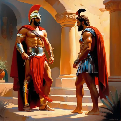 Prompt: King Leonidas meets Gigachad, warm atmosphere, cartoony style, extremely detailed painting by Greg Rutkowski and by Henry Justice Ford and by Steve Henderson 