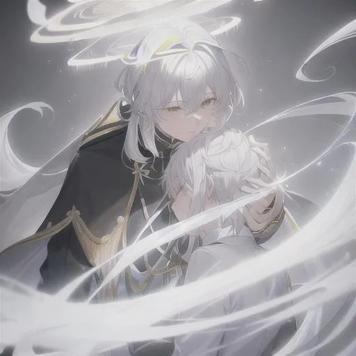 Prompt: white hair with yellow highlights, Shiny student, boy, smart, blonde and white hair, wearing school uniform,painfully holding his head, struggling, inspired by WLOP, grey air particles, highly saturated, Cloud blackground, flying, god of light,Masterpiece artwork, 64k resolution,wearing luxury black robe with golden ornaments
