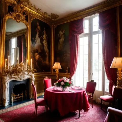 Prompt: "Generate an image of a romantic dinner scene for two in an 18th-century French château. We are inside a meticulously decorated room, adorned with all the details of the era. The room exudes an ambiance of peace, warmth, and romance. As I open the window, a breathtaking view unfolds—a magnificent French garden meticulously maintained, adorned with all the springtime flowers of the era. The view from the window is the focal point, showcasing the splendid garden in vibrant spring colors. It's dusk, and the sky is painted with vibrant hues, enveloping the scene in a serene and romantic atmosphere."" ultra hd, realistic, vivid colors, highly detailed, UHD drawing, pen and ink, perfect composition, beautiful detailed intricate insanely detailed octane render trending on artstation, 8k artistic photography, photorealistic concept art, soft natural volumetric cinematic perfect light" 