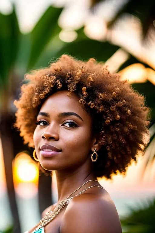 Prompt: photo realistic portrait of a gorgeous afro brazilian girl, medium blonde hair, (tropical island environment: 1.2), at sunset, detailed face, intricate, sharp, focused, depth of field,  symmetrical face, f/1. 8, 85mm, Nikon Z9, (centered image composition: 1.2)