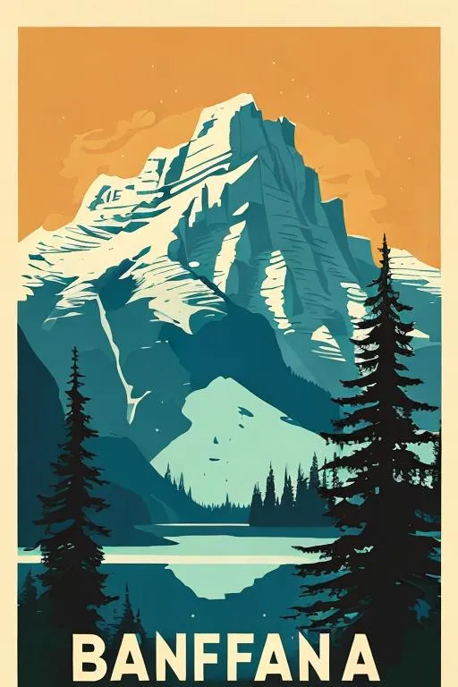 Prompt: Nature poster in the style of Joseph Binder with the title Banff 
