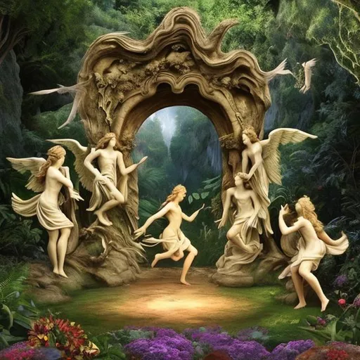 Prompt: An incredible portal in the middle of the Garden of Eden with dancing angels