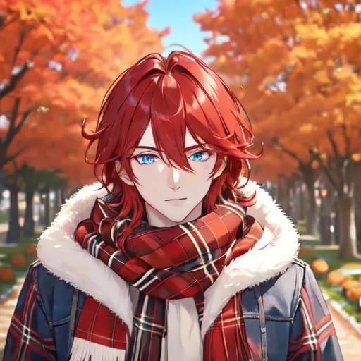 Prompt: Zerif 1male (Red side-swept hair covering his right eye, blue eyes), highly detailed face, wearing a cozy flannel shirt and a pair of stylish jeans. In the park, fall.  wearing a scarf, looking up at the sky, in a pumpkin patch, adult. Handsome,  detailed, UHD, HD, 4K, highly detailed, red haze, masculine, anime style