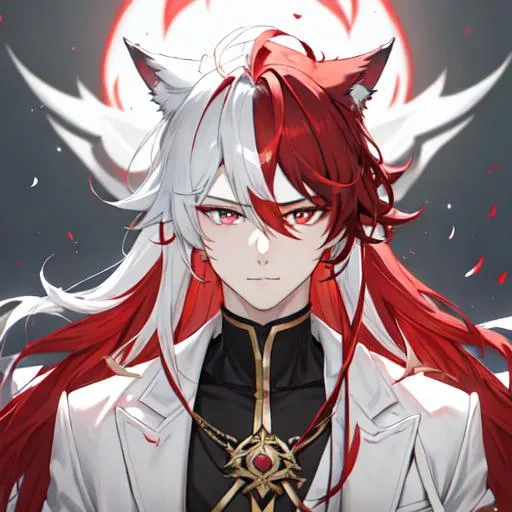 Prompt: Zerif 1male (Red side-swept hair covering his right eye) wolf-hybrid, UHD, 8K