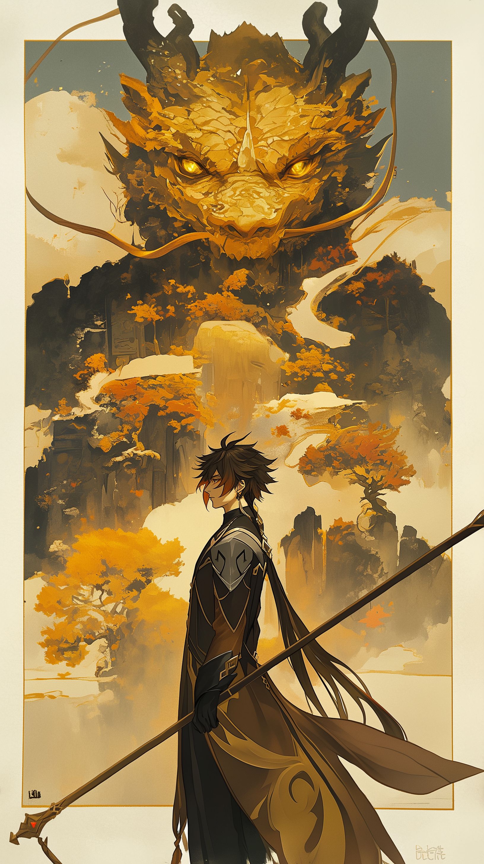 Prompt: Zhongli from Genshin Impact standing infront of stone mountians with a long brown pipe regally in one hand holding it up next to his face, glowing golden eyeshadow, glowing yellow dragon antlers, Japanese Wood Block Print, Vintage, White border around image, simple water colors and brush strokes, mystical --ar 9:16 --niji 6