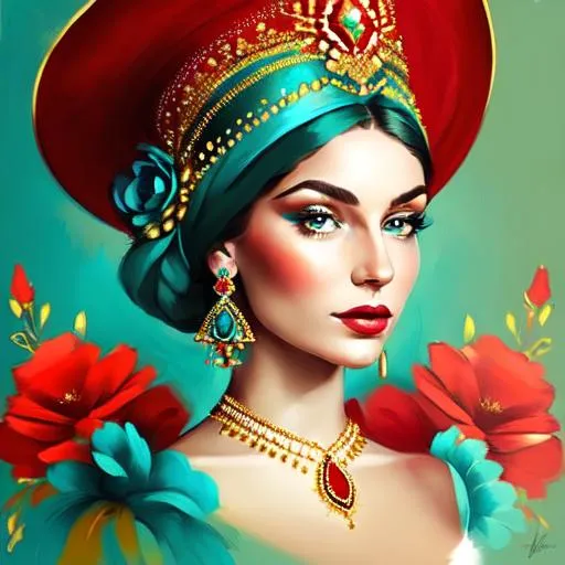 Prompt: Beautiful ethereal woman. color scheme of tuquoise and red., wearing turquoise and gold jewlery, wearing a red hat with red flowers, facial closeup