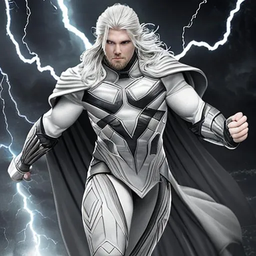 Prompt: thunder lightning storm powered superhero white & greyscale suit with lightning-flare cape norse thor inspired