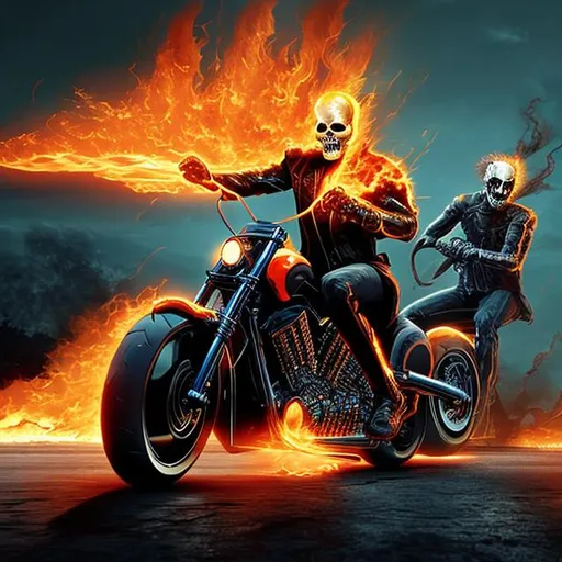 Prompt: GhostRider from marvel on a flaming tron motorcycle while ghost Riders skull is on fire.