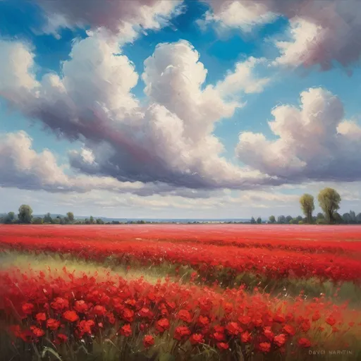 Prompt: Field of red flowers under cloudy sky, blue sky in background, impressionist painting, beautiful landscape, David Martin, color field, detailed flowers, impressionist, beautiful lighting, highres, oil painting, vibrant colors, professional, atmospheric clouds, peaceful atmosphere
