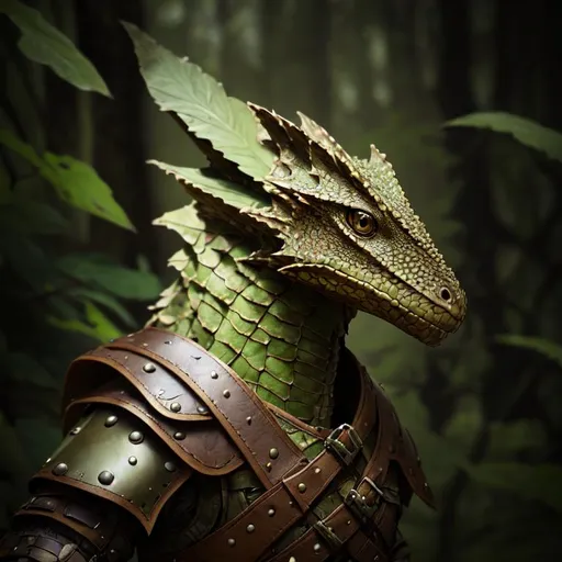 Prompt: portrait of a (Green and Brown dragonborn Ranger hunting ),wearing basic leather armor with rustic camouflage details including leaves.  , Forest background, D&D setting, perfect composition, hyperrealistic, super detailed, 8k, high quality, trending art, trending on artstation, sharp focus, studio photo, intricate details, highly detailed, by greg rutkowski and alphonse mucha