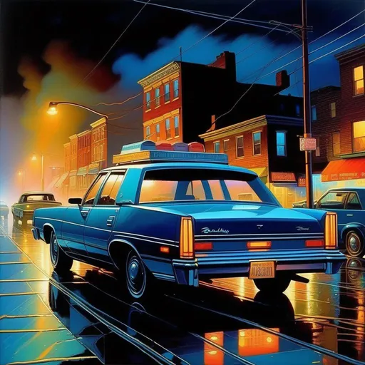 Prompt: 1990s, Brooklyn at night, neon, car chase, rain, fog, cold blue atmosphere, cartoony style, extremely detailed painting by Greg Rutkowski and by Henry Justice Ford and by Steve Henderson