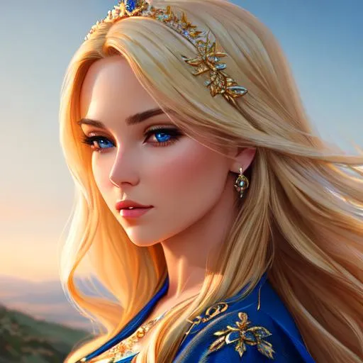 Prompt: Beautiful blond hair princess, beautiful mitical landscape, oil painting, UHD, 8k, Very detailed, cinematic, realistic, photoreal, trending on artstation, sharp focus, studio photo, intricate details 
