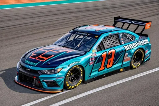 Prompt: Next Gen Nascar stock car, spoiler on trunk, blue and orange color scheme