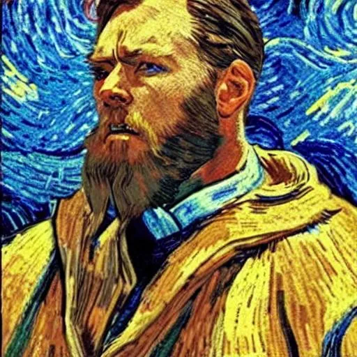 Prompt: Star Wars obi wan kenobi in duel with earth maul in the style of Van Gogh 