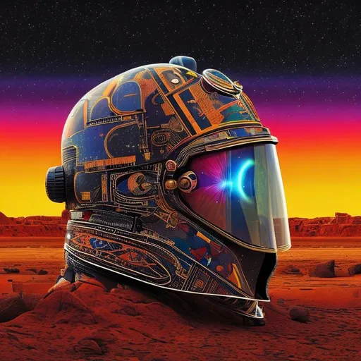 Prompt: The helmet of an astronaut reflecting itself, under horizon line, trippy, andean motives, inca motives, symmetrical, supay, squared,
