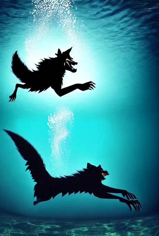 Prompt: a werewolf swimming underwater