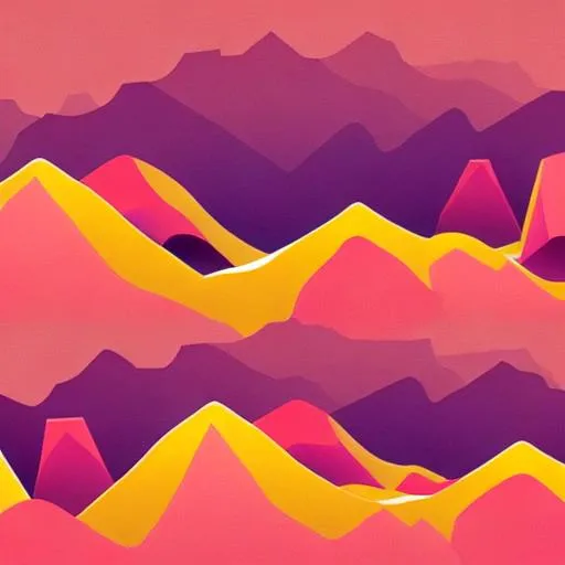 Prompt: flat gradient vibrant modern flowy mountains design, flat gradient overgrown landscape design simple