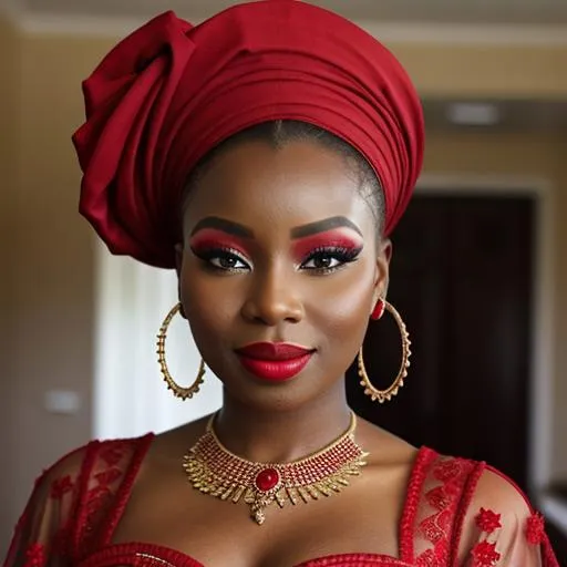 Prompt: Ruby lady-extremely beaitiful African lady all in red, pretty makeup, elegant, nice clothes, facial closeup