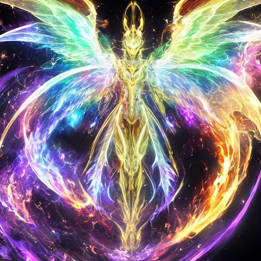 Prompt: 8k, 8k resolution, faceless humanoid, dragon, multicolored, white, gold, purple, green, white, energy, energy body, full body, magical, smooth, lines, liquid, fluid, liquid plasma, energy body, aura, wings, dragon wings, angel wings, transparent, translucent, flames, fire, empower, powering up, evolving, transformation