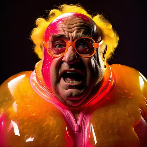 Prompt: Full view of Intimidating mohawked Danny DeVito with a mocking expression is wearing a pomegranate and yellow-orange translucent glowing bioluminescent lumpy jello protective suit and posing threateningly in a dark room