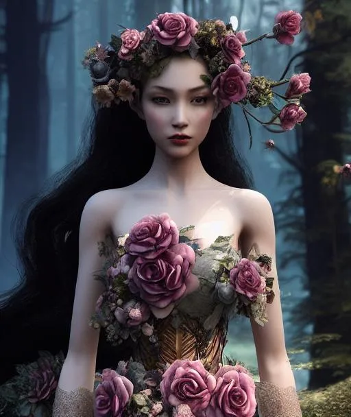 Prompt: young maiden #3238 woman, wearing gown of decaying roses | fantasy, hyper-detailed, accurate anatomy, symmetrical facial features, sharp focus, volumetric lighting, 16k | karol bak, yoshitaka amano, tom bagshaw, aurora, zbrush cel-shaded, cgsociety | ethereal beautiful astral vaporwave storybook illustration, steampunk