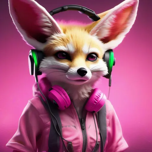 Prompt: cute fennec fox wearing a pink gaming headset with XBOX controller in front of her, realistic, hyper-realistic, realism, 32k, photography, hdr, 1080p, cinematic, splash art, concept art, fictional characters, mid shot, intricately detailed, colour depth, dramatic,