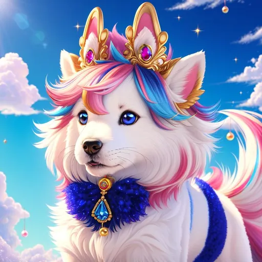 Prompt: (8k, 3D, UHD, highly detailed, masterpiece, professional oil painting) medium-sized adolescent male quadruped with wind powers, vivid (cherry pink eyes), pearl-gold fur with gold hairs and royal-blue hairs, long sky blue ears, long blue ears with royal-blue interior, fur speckled with sapphire crystals, leafy crystal blue tail, cute fangs, majestic like a wolf, playful like a fox, energetic like a deer, ears of siamese cat, fluffy mane, standing in fantasy garden, neon iridescent flowers, cyan flowers, magenta flowers, cherry blossoms, mountains, auroras, pink twilight sky, Sylveon, intricately detailed, intricately detailed fur, high octane render, yuino chiri, UHD