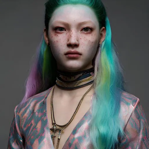 Prompt: photorealism, hyperdetailed 8k resolution, film gothic art. Young Japanese girl facial tattoos, hair dyed in rainbow color